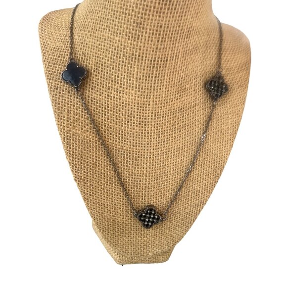 Silver Tone Long Chain Necklace Clover Leaf Stations Black Glass Reversible Adj - Picture 1 of 4